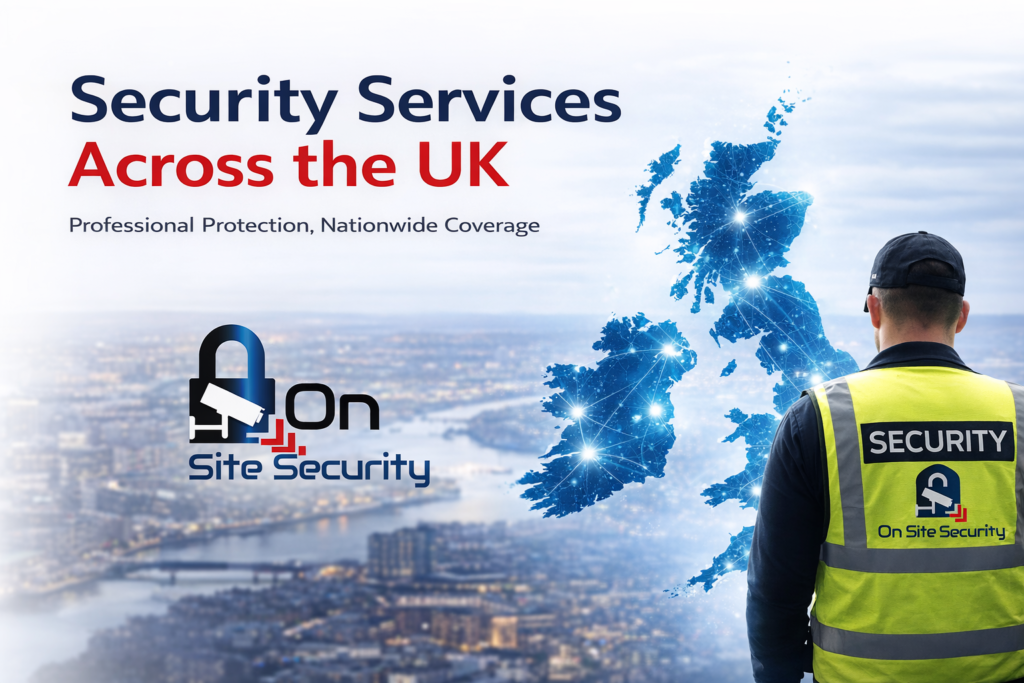 Security services across the UK by On Site Security Ltd showing nationwide coverage map and security officer